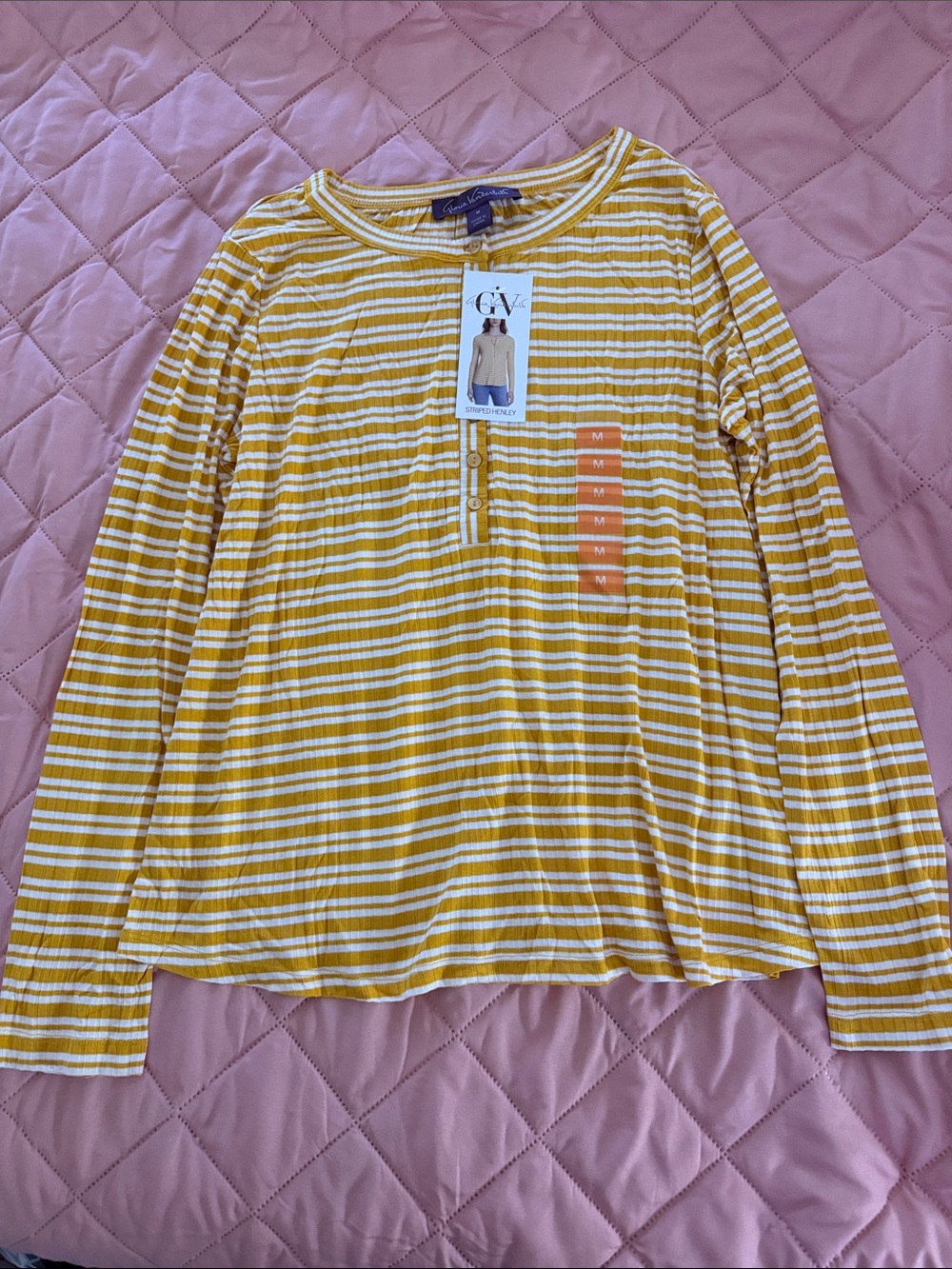 Gloria Vanderbilt Yellow and White Striped Long-Sleeve Henley Top